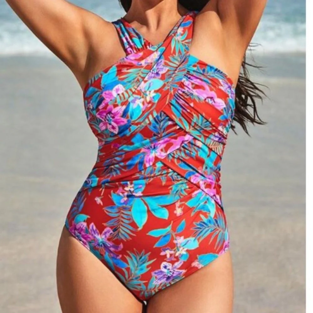 New High Neck Wrap One Piece Swimsuits For All plus size 16 floral